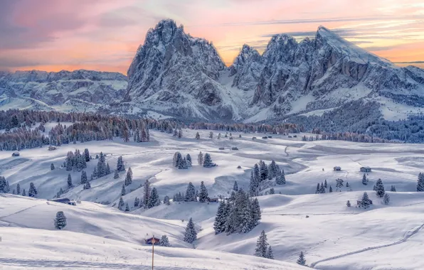 Зима, снег, деревья, закат, горы, Италия, Trentino-Alto Adige
