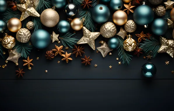Украшения, темный фон, шары, Новый Год, Рождество, dark, golden, new year
