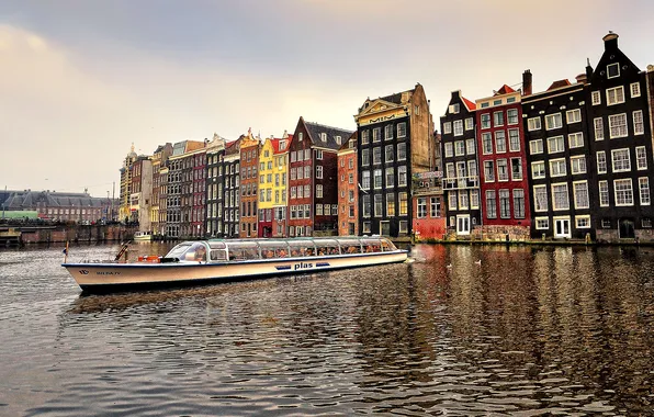 Картинка лодка, корабль, дома, канал, амстердам, nederland, amsterdam, нидерланды