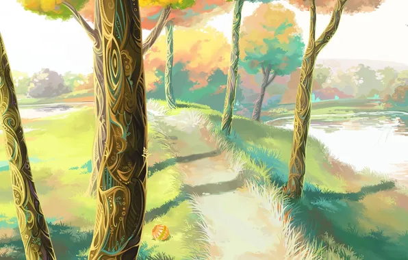 Картинка дорога, осень, деревья, природа, озеро, арт, dzun