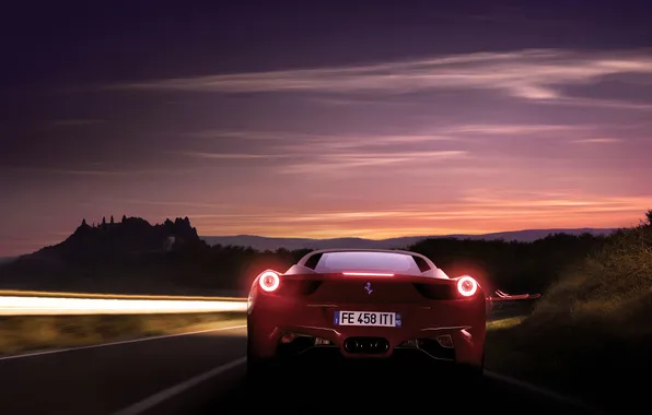 Небо, Красный, Вечер, Авто, Дорога, Феррари, Ferrari, 458