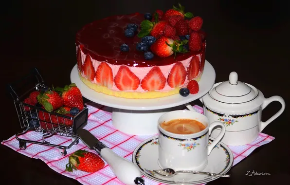 Картинка ягоды, малина, кофе, клубника, торт, голубика