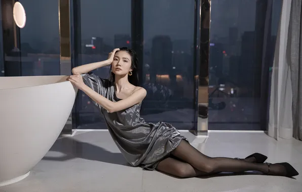 Beautiful, Asian, Model, Night, Bathroom, Woman, Heels, Cute