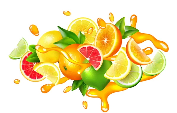 Белый, фон, всплеск, colorful, juice, drops, лимонад, fruits