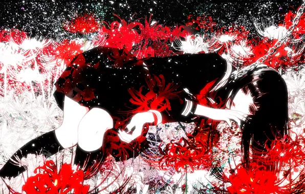 Девушка, лежит, школьная форма, art, красные цветы, Kiyohara Hiro, ликорис