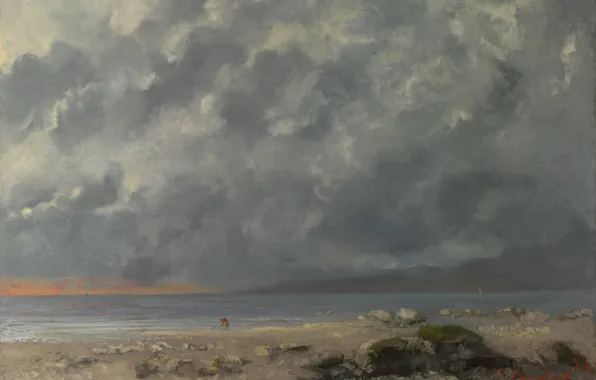 Пейзаж, тучи, картина, Gustave Courbet, Гюстав Курбе, Пляжная Сцена
