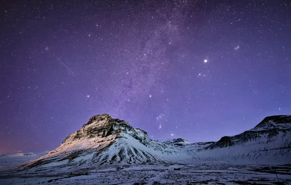 Небо, звезды, снег, горы, ночь, Млечный Путь, Исландия, сиреневое