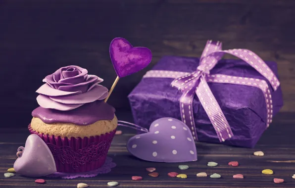 Подарок, роза, лента, сердечки, украшение, крем, кекс, purple