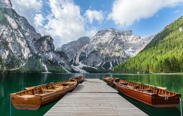Картинка горы, озеро, пристань, лодки, Италия, Italy, Доломитовые Альпы, Южный Тироль