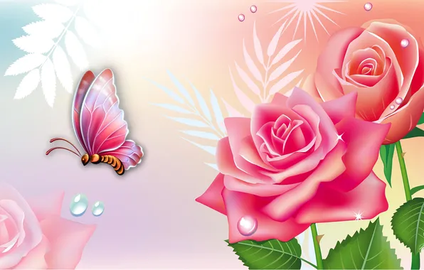 Картинка цветы, коллаж, бабочка, розы