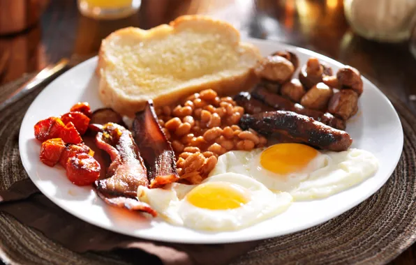 Грибы, яйца, размытие, тарелка, хлеб, помидоры, бекон, eggs