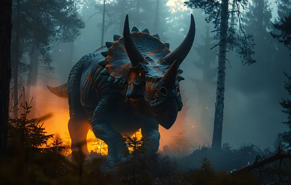 Деревья, Огонь, Динозавр, Рога, Triceratops, Животное, Цифровое искусство, Трицератопс