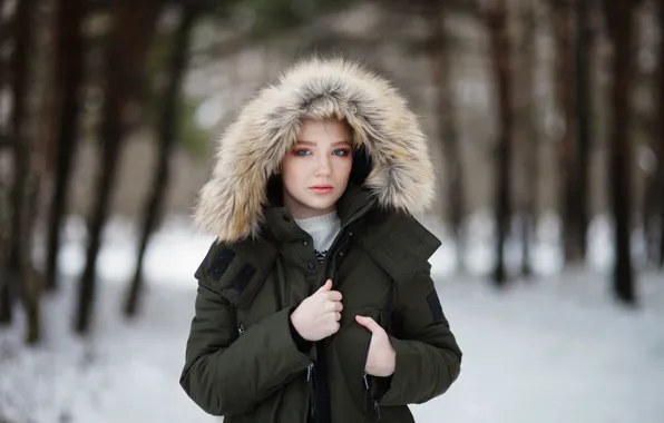 Girl, Winter, Snow, Forest, Jacket, Sight