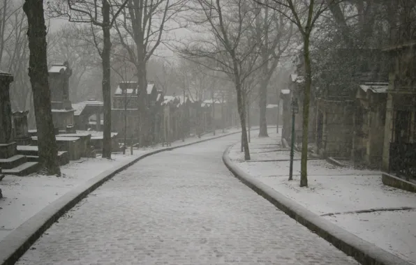 Paris, winter, morning, cemetery, under the snow, Père-Lachaise