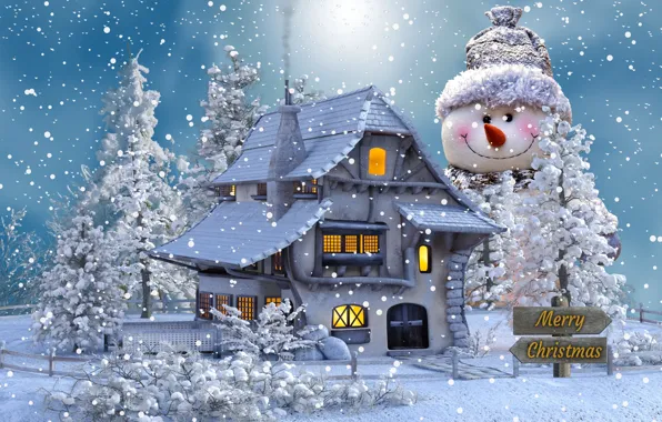 Зима, снег, деревья, Рождество, снеговик, рождественский мотив