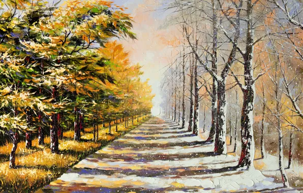 Картинка зима, дорога, лето, снег, деревья, листва
