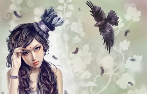 Картинка девушка, птица, узор, перья, пирсинг, тату, арт, браслет