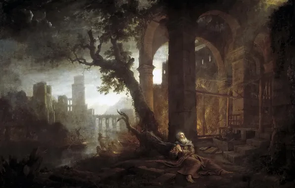 Картинка картина, мифология, Клод Лоррен, Пейзаж с Искушением Свого Антония