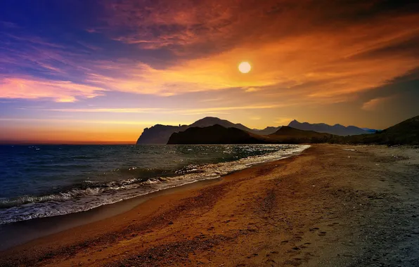 Картинка море, волны, пляж, солнце, закат, горы, Черное, Крым
