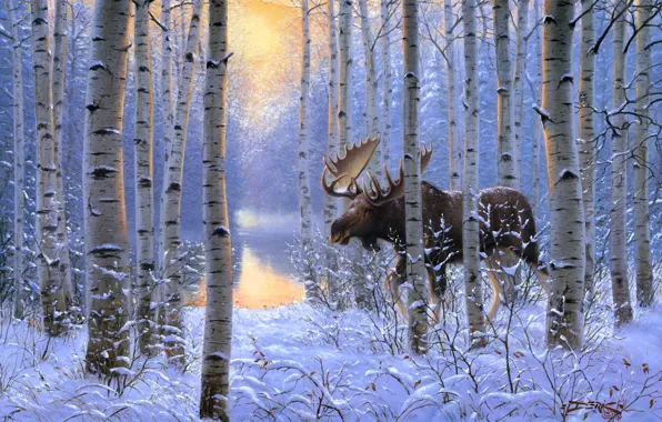 Картинка зима, лес, животные, снег, живопись, лось, On the Move, Derk Hansen