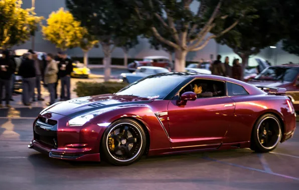 Город, Nissan, GT-R, пурпурный цвет, стритрейсинг, purple color