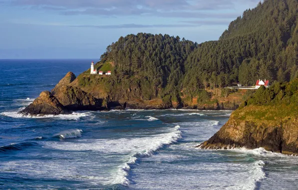 Картинка побережье, маяк, Орегон, США