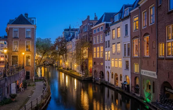 Здания, дома, канал, Нидерланды, ночной город, набережная, Netherlands, Utrecht