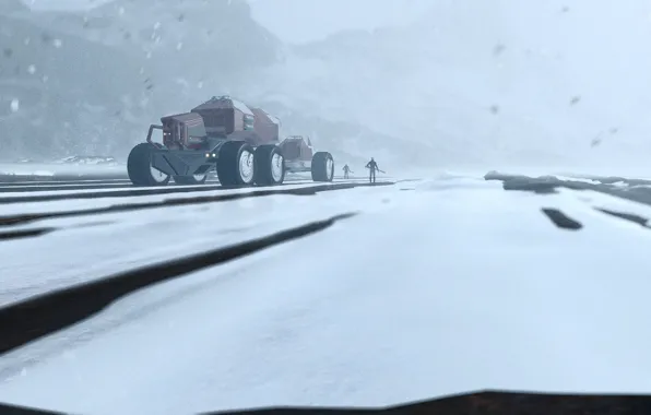Снег, горы, путь, транспорт, vehicle concept