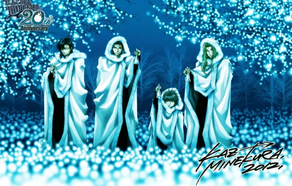 Зима, аниме, арт, парни, колокольчики, шубы, Kazuya Minekura, Saiyuki Reload