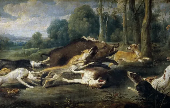 Картинка собаки, охота, кабан, живопись, Арт, золотой век