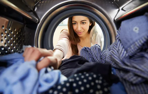 Woman, washing machine, clothes
