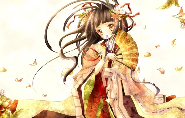 Картинка цветы, аниме, веер, девочка, лента, кимоно