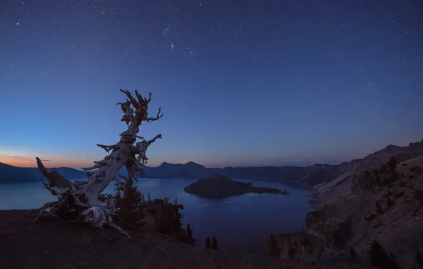 Закат, природа, озеро, гора, кратер, сумерки, Oregon, USА