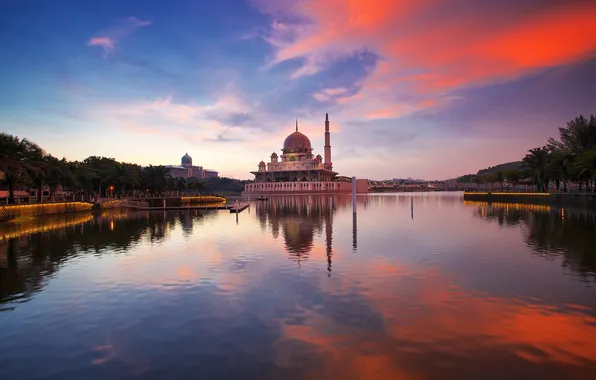 Небо, облака, закат, отражение, зеркало, Малайзия, Мечеть Путра, Putrajaya Озеро