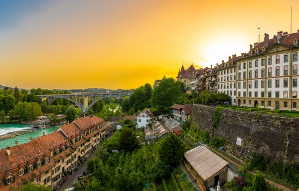 Дома, Город, Швейцария, Панорама, Крыша, Реки, Берн
