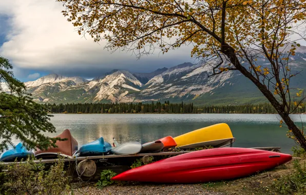 Картинка осень, пейзаж, горы, природа, озеро, Канада, Jasper, леса