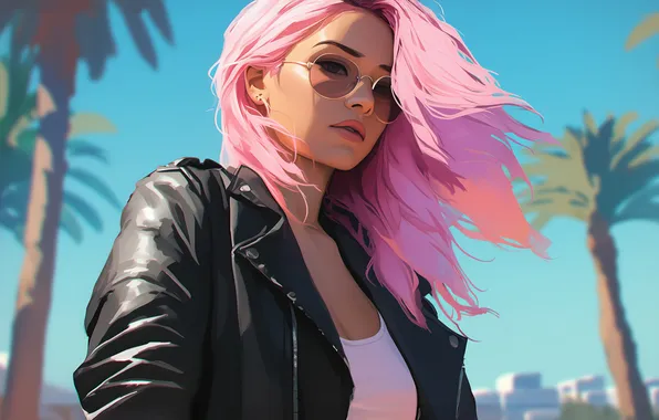 Картинка Miami, pink hair, women, sunglasses, Grand Theft Auto, Vice City, leather jacket, looking at viewer