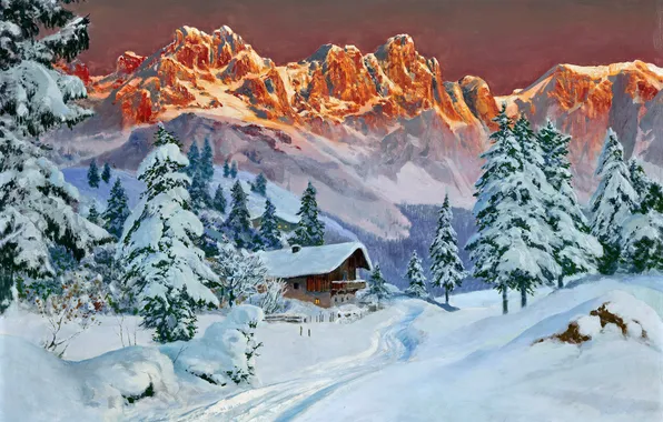 Дома, Зима, Горы, Деревья, Снег, Картина, Alois Arnegger, Алоис Арнеггер