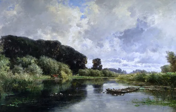 Картинка деревья, пейзаж, птицы, природа, река, картина, Карлос де Хаэс, Окрестности Фрисландии