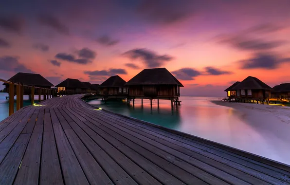 Картинка пейзаж, закат, bridge, maldives, lagoon