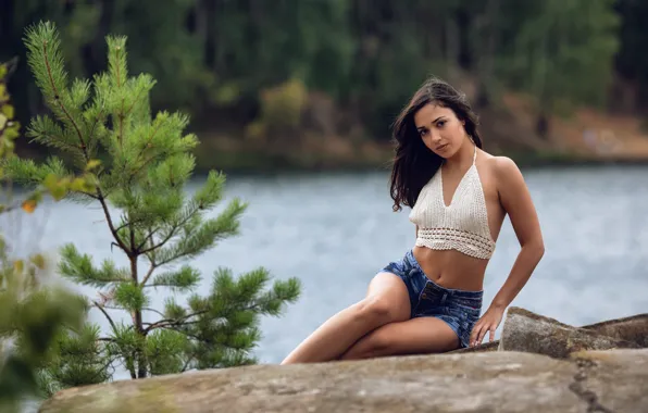 Картинка trees, nature, lake, model, women, brunette, sitting, jean shorts