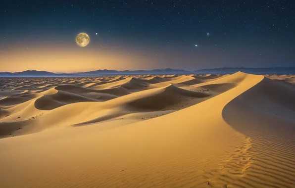 Картинка Moon, desert, landscape, nature, night, stars, night sky, dunes