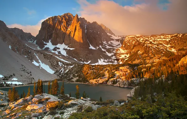 Картинка снег, деревья, горы, озеро, Испания, Сьерра-Невада, Big Pine Canyon