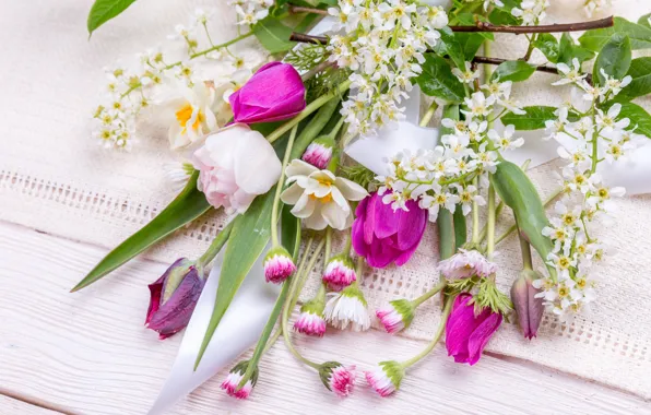 Цветы, букет, весна, colorful, тюльпаны, бутоны, wood, pink