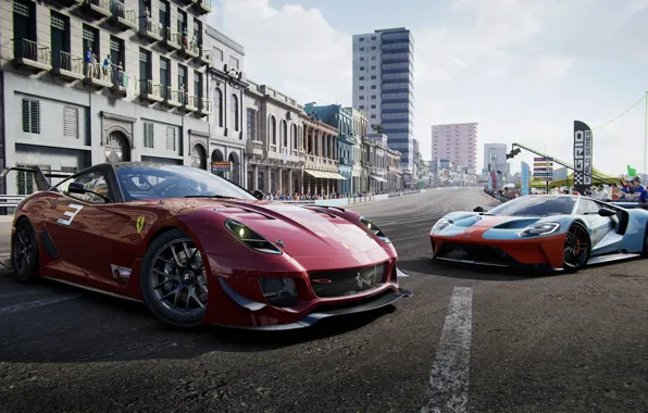 Дорога, машины, город, люди, гонка, игра, Ferrari, Ford GT