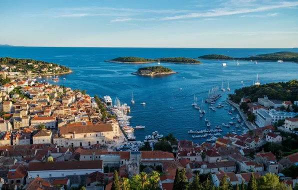 Море, дома, крыши, панорама, Хорватия, Хвар