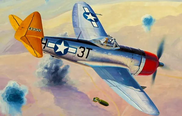 Картинка war, art, airplane, painting, aviation, ww2, Republic P-47 Thunderbolt