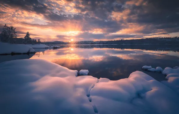 Зима, небо, солнце, озеро, Норвегия, Norway, Ringerike, Ole Henrik Skjelstad
