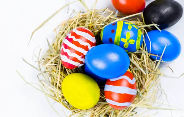 Праздник, яйца, пасха, гнездо, солома, Easter, eggs