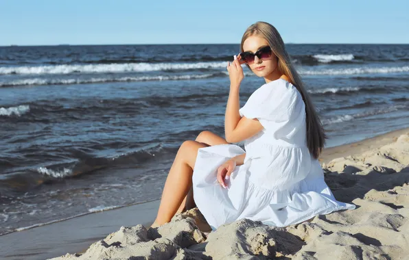 Girl, summer, white, beach, nature, woman, water, background